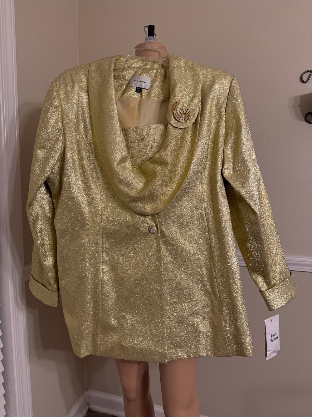 Terramina Gold Metallic Draped-Collar Blazer with Brooch